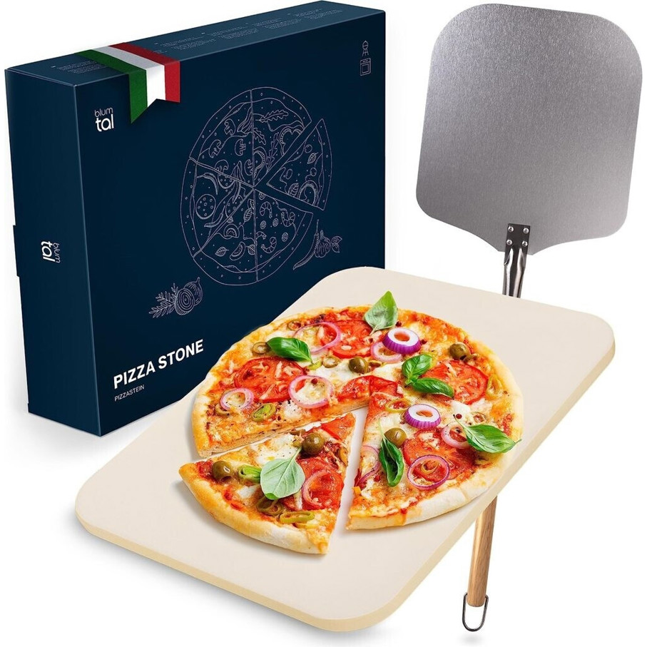 Blumtal - Pizzastein + Pizzaschieber - Grillzubehör - Cordierit, 30 cm tief, 38 cm breit