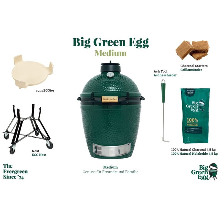 Big Green Egg - Medium Egg - Kamado-Grill - mit Gestell, Zubehör, grün